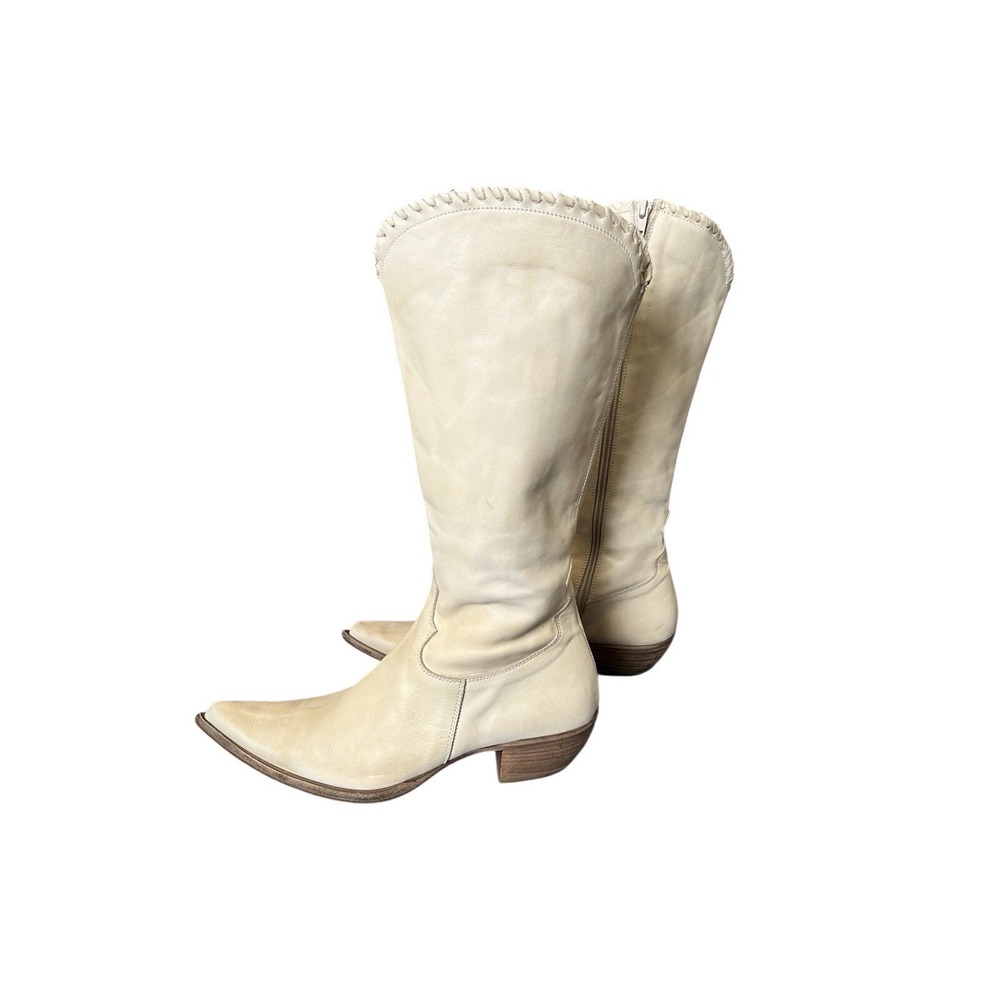 Vintage Pointed Toe Cream Italian Leather Western Boots Stacked Heel Zip Up 9 - Picture 5 of 16